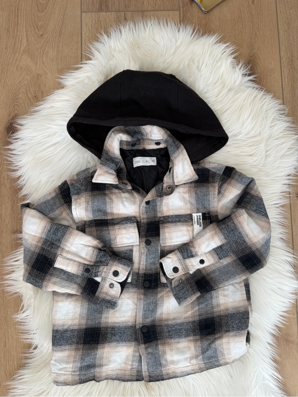Zara Boys Plaid Black & White Shirt Jacket with Hood Size 6-7